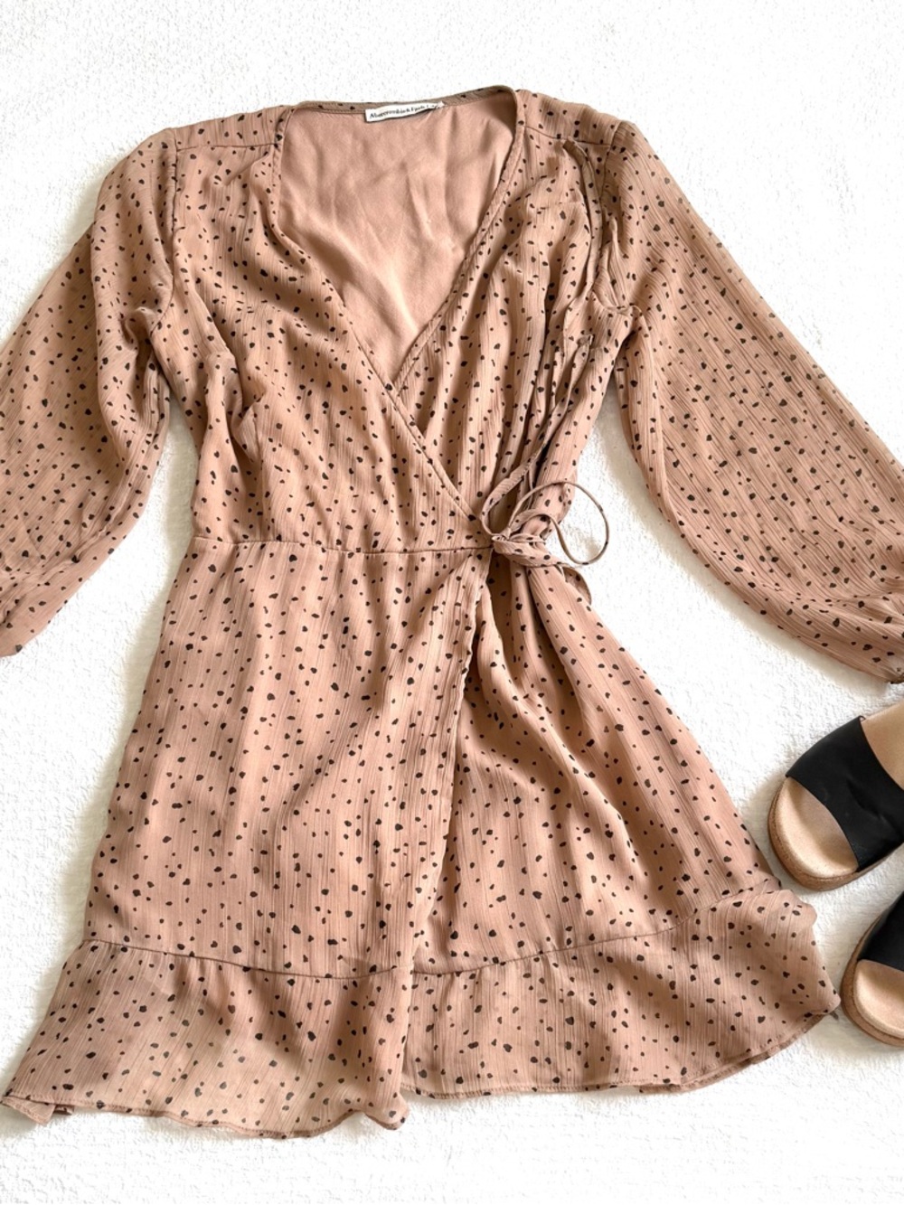 Abercrombie & Fitch Light Brown Long-Sleeve Wrap Dress with Black Dot Print